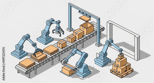 Automated Factory Production Line With Robotic Arms.