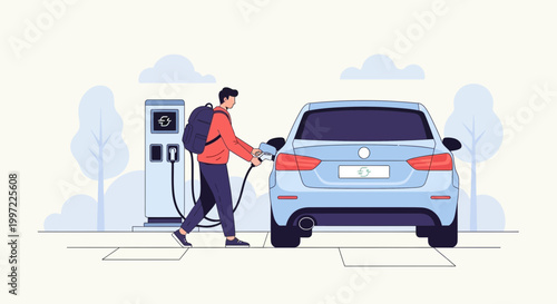 Man charging electric car at charging station, modern eco-friendly transport concept