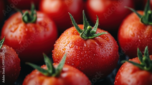 Macro Close-Up of Fresh Red Tomatoes with Water Droplets, Representing the Natural Texture and Freshness of Organic Vegetables and Healthy Ingredients