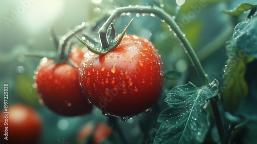 Close-Up of Fresh Red Tomatoes with Water Droplets on the Vine, Representing the Natural Growth and Freshness of Organic Farm Produce and Healthy Ingredients