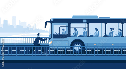 Man chasing bus on bridge, missing transportation, urban commute concept