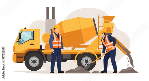 Construction workers operating a concrete mixer truck on a site.