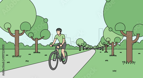 Man cycling on a park path lined with trees and distant city skyline