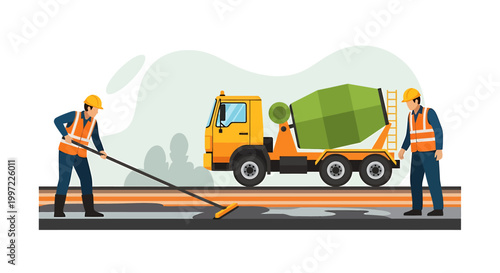 Construction workers operating cement mixer truck on site.