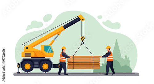 Construction workers operating a crane to lift wooden beams at a site.