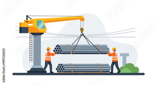 Construction workers operating a crane to lift metal pipes at a site.