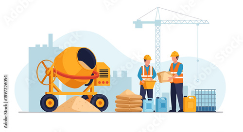 Construction workers operating heavy machinery on a building site.