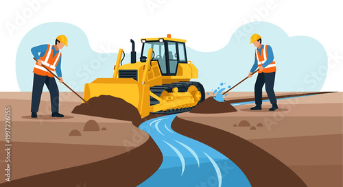 Construction workers operating heavy machinery and tools for excavation and earthmoving.