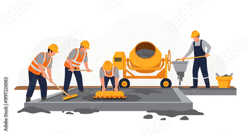 Construction workers pouring concrete and operating machinery on site.