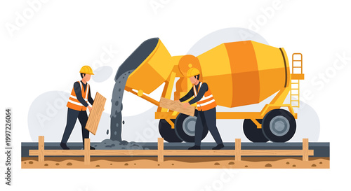 Construction workers pour concrete from a mixer truck.