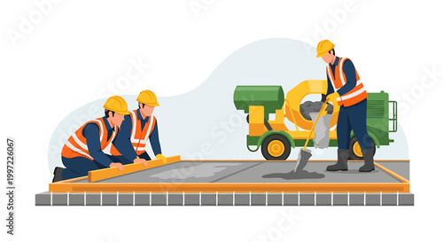 Construction workers pouring concrete with a cement mixer machine.