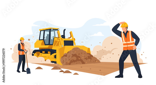 Construction workers operating heavy machinery on a site.