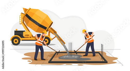 Construction workers pour concrete from a mixer truck.