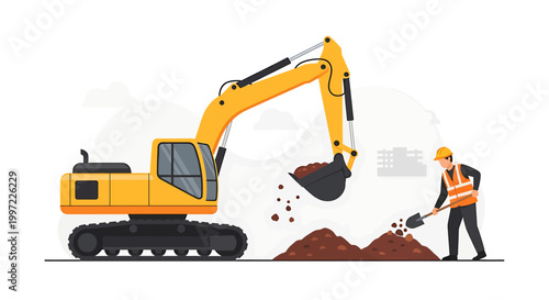 Yellow excavator digging dirt with construction worker shoveling soil.
