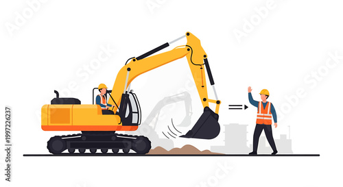 Yellow excavator digging dirt with construction worker signaling.