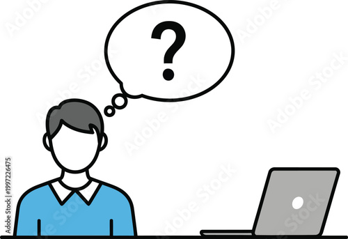 Person with question mark in thought bubble over laptop, confusion, uncertainty