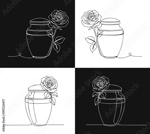 Ash urn with one rose set, minimalist continuous line drawing style, for light and dark designs, isolated on removable contrasting background