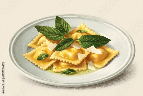 Hand-drawn illustration of a ravioli plate, stuffed pasta, sage butter sauce, parmesan shavings, sketchy linework, warm golden and green tones, cream background 