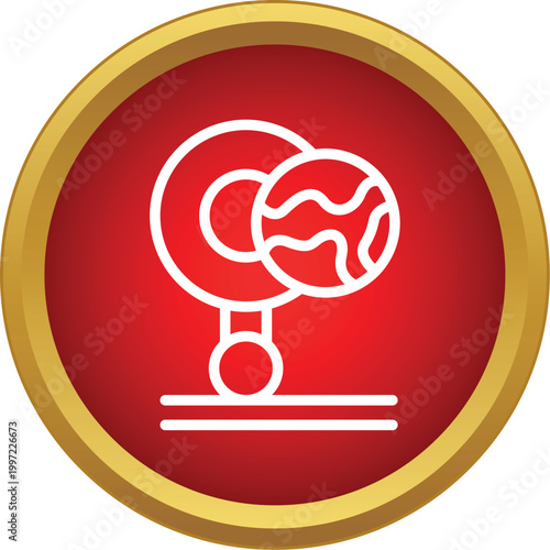 White outline of a meatball or ice cream scoop on a plate, set inside a red circle