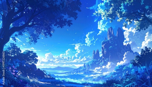 Enchanting Blue Landscape with Distant Castle and Lush Trees.