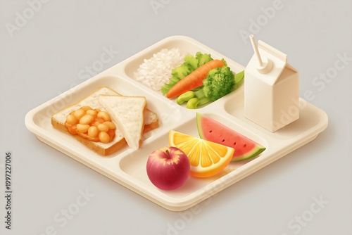 Isometric illustration of a lunch tray, compartments with main dish, side, vegetable, fruit, drink carton, 3D style, clean lines, soft warm gray background 