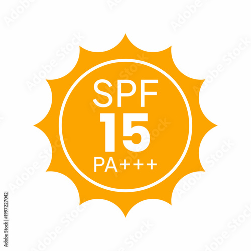 Orange sun icon with white SPF 15 PA plus plus plus text on white background
