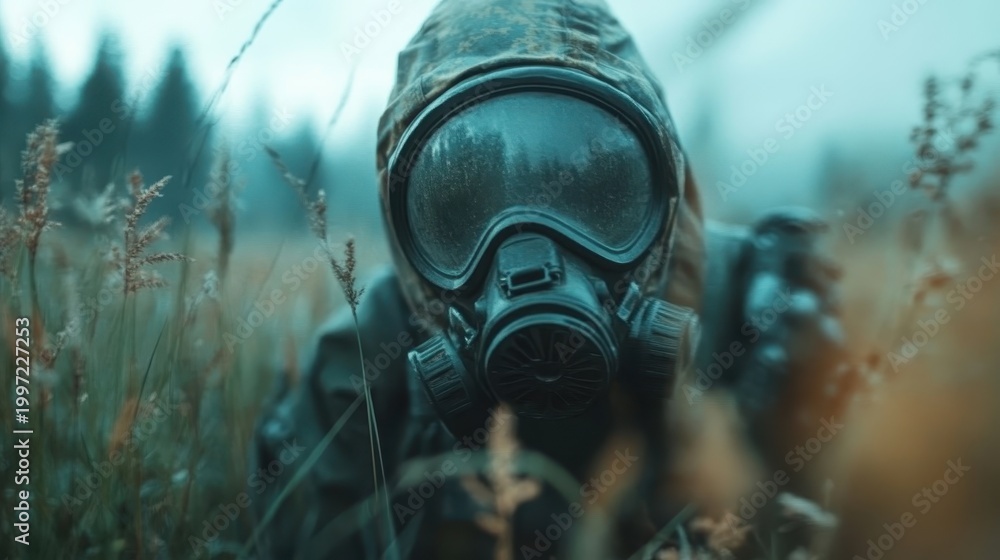 Obraz premium A hooded figure wearing a gas mask crouches in a foggy field, creating a sense of mystery and intrigue while evoking themes of survival and caution in nature.