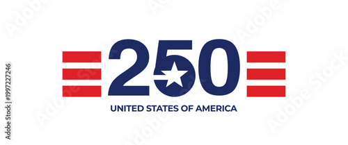 Independence Day. 250 UNITED STATES OF AMERICA typographic vector logo graphic design featuring bold navy blue numbers with a white star and red flag stripes.