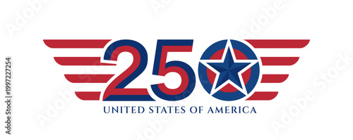 Independence Day. 250 UNITED STATES OF AMERICA typographic vector logo graphic design featuring red winged stripes, bold blue numbers, and a star.