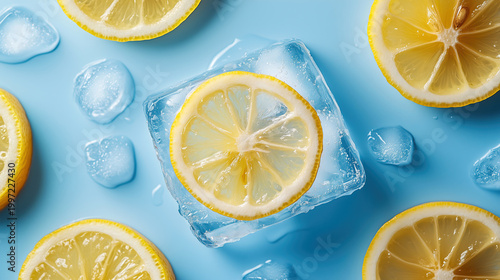 Refreshing Close-Up of a Lemon Slice in Ice with Scattered Ice Cubes, Representing the Fresh Visual Themes of Summer, Cold Drinks and Healthy Beverages