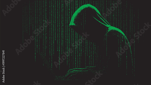 A silhouette drawing of a hacker figure wearing a hoodie, sitting at a computer terminal; vector illustration.