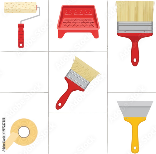 A comprehensive set of home renovation and DIY painting tools including a paint roller, a paint tray, brushes, masking tape, and a metal putty knife
