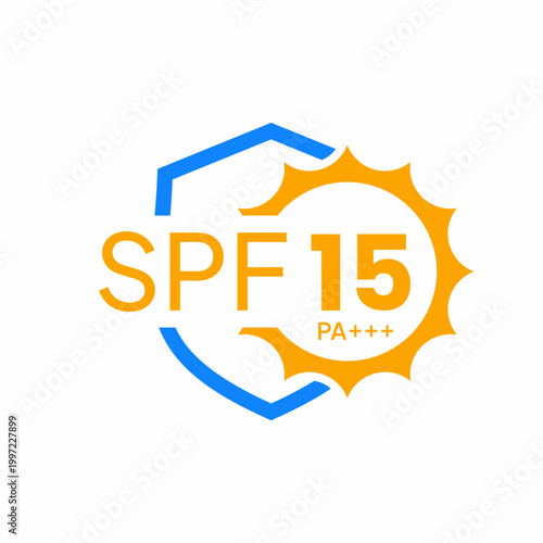 Sunblock icon showing SPF 15 with orange sun and blue shield on white background