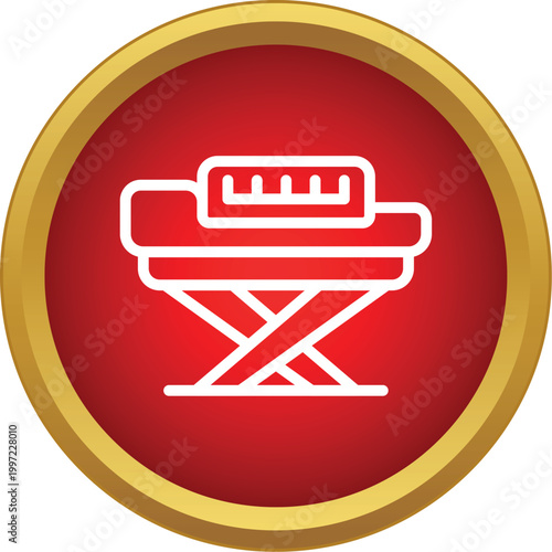 White outline of a digital piano keyboard on a round red button