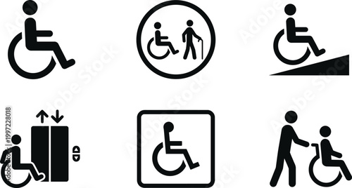 Accessibility and disability icons set with wheelchair ramp elevator assistance symbols inclusive design flat black vector collection isolated on light background