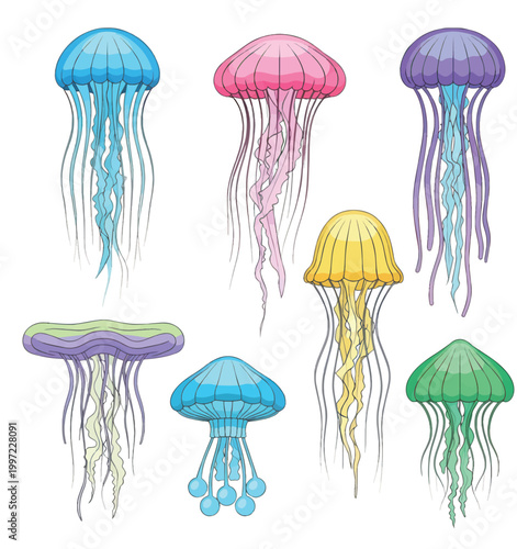 Set of seven decorative jellyfish icons in various colors like blue pink and purple with long flowing tentacles isolated on white background for ocean