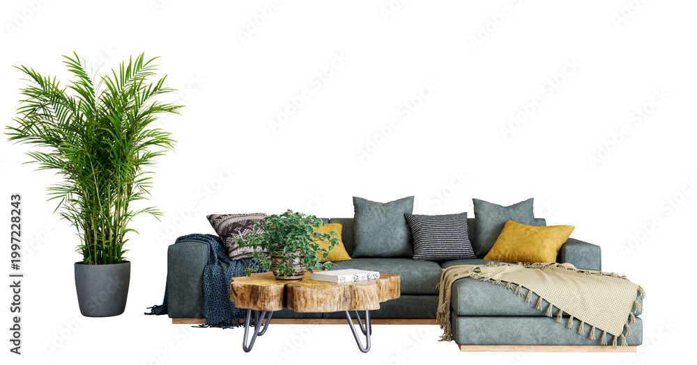 Obraz premium 3D render, illustration Luxury modern living room interior, realistic lighting, wide angle, contemporary furniture, clean lines, minimalist decor, elegant home design, large window