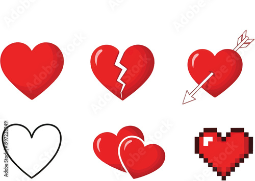 Diverse collection of red heart icons depicting love romance and emotions including broken pixelated and arrow pierced hearts for romantic design projects