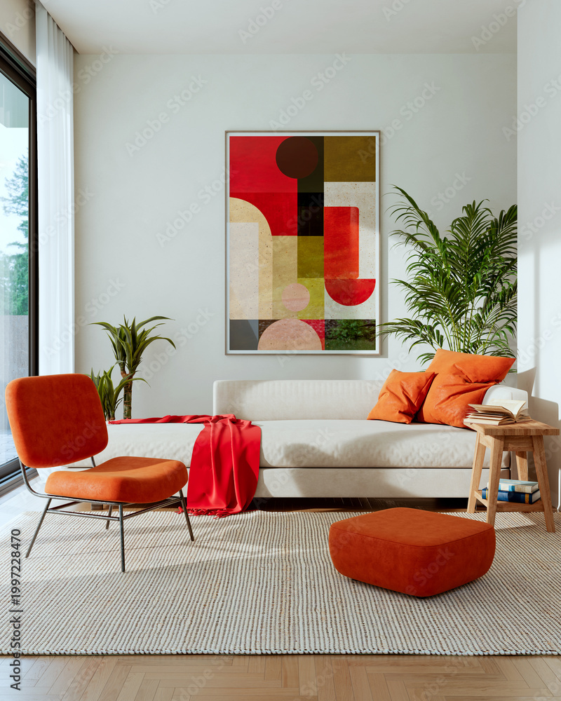 Naklejka premium 3D render, illustration Luxury modern living room interior, realistic lighting, wide angle, contemporary furniture, clean lines, minimalist decor, elegant home design, large window