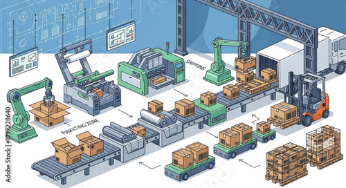 Automated Factory Production Line with Robotic Arms and Conveyor Belts.