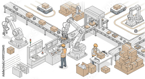 Automated Factory Production Line with Robotic Arms and Conveyor Belts.