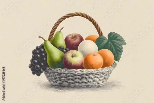 Vintage style illustration of a fruit basket, apples, pears, grapes, oranges, old engraving style, cross-hatch shading, cream parchment background 