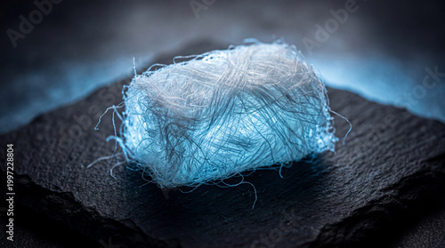 A close-up captures the ethereal beauty of cotton candy, its delicate threads illuminated against a dark, textured backdrop, and capturing an experience that combines delight and surprise.