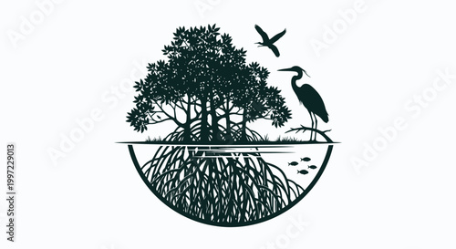 Tree roots and bird standing beside.