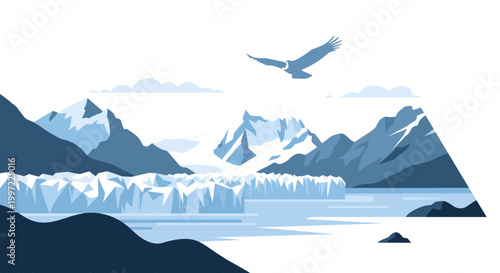 Mountain range with ice and bird.