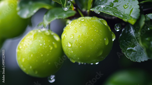 Close-Up of Fresh Green Plums with Water Droplets on the Vine, Representing the Visual Themes of Organic Fruits, Natural Growth and Fresh Healthy Ingredients