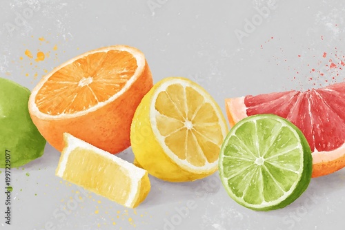 Watercolor illustration of a citrus assortment, orange, lemon, lime, grapefruit slices, soft wash colors, artistic splatter, light gray background 