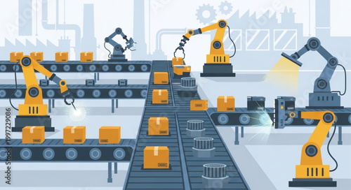 Automated Factory Production Line with Robotic Arms and Conveyor Belts.