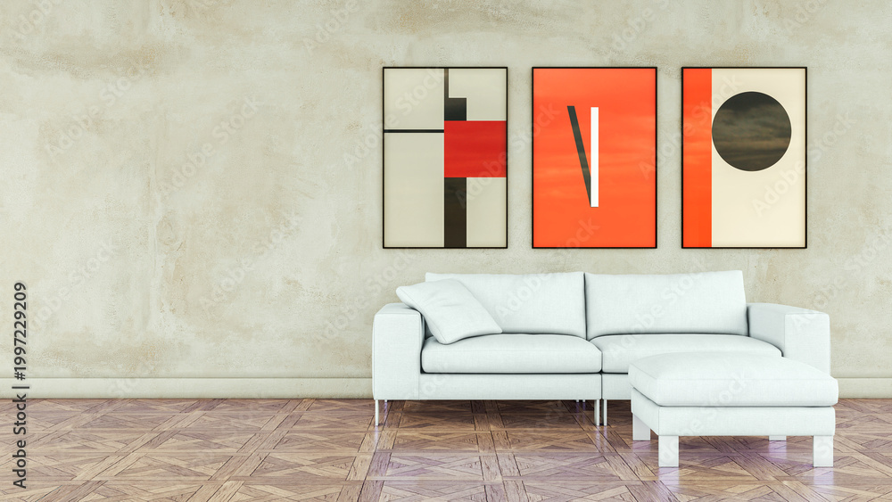 Naklejka premium 3D render, illustration Luxury modern living room interior, realistic lighting, wide angle, contemporary furniture, clean lines, minimalist decor, elegant home design, large window