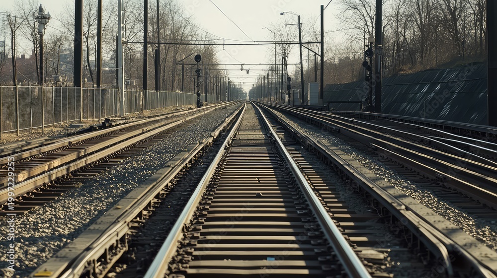 Fototapeta premium Empty railroad tracks stretching to a vanishing point, strong linear perspective suggesting journey, travel and forward progress toward the distant horizon and future destinations